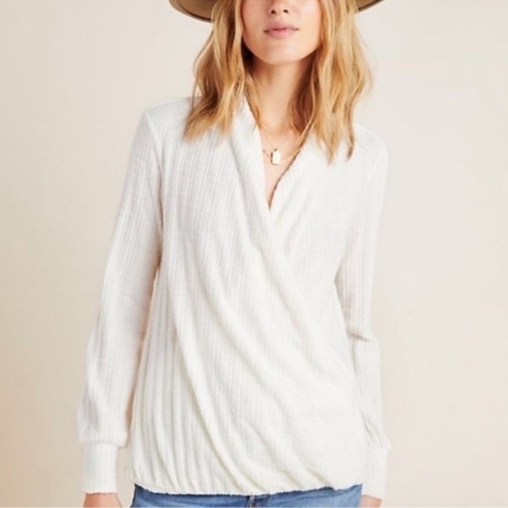 Anthropologie Maeve Rafaela Hacci Faux Wrap Knit Top Off White Size M Petite
